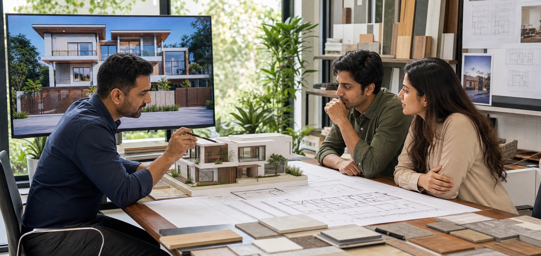 Architect and development team reviewing project plans